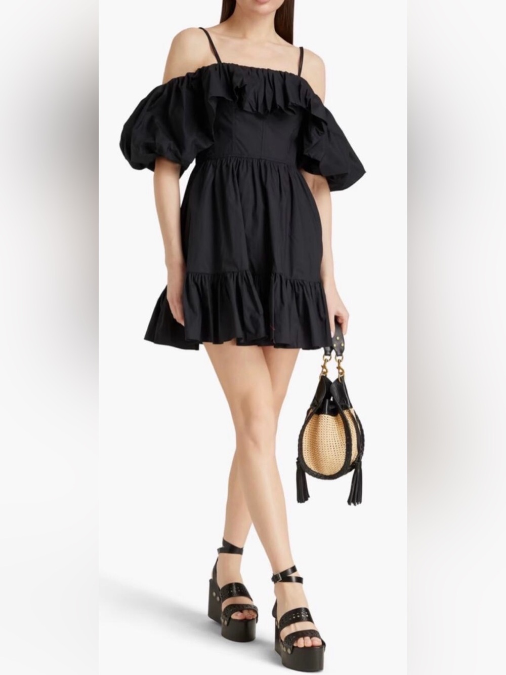 Ulla Johnson Mini Dress Lila Cold Shoulder Black Cotton Poplin New size 0